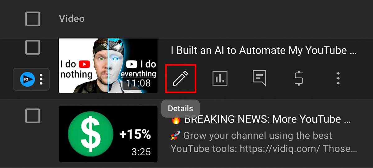 pencil icon near youtube video list