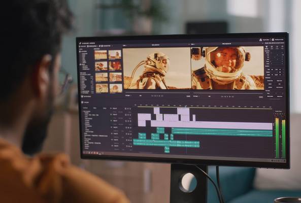 Person editing space-themed video clips on professional video editing software on monitor