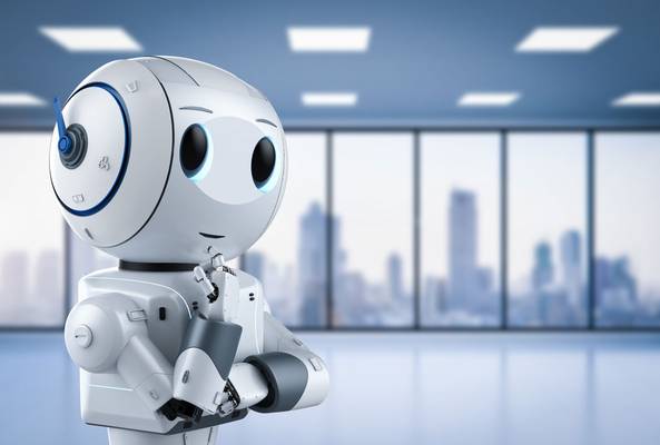 Thoughtful white robot with glowing eyes in modern office with city skyline view