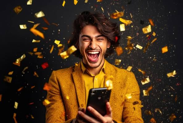 Excited young man in yellow jacket celebrating with phone and gold confetti around.
