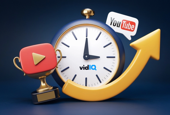 vidIQ logo with clock, YouTube icon, trophy, and upward arrow symbolizing video growth