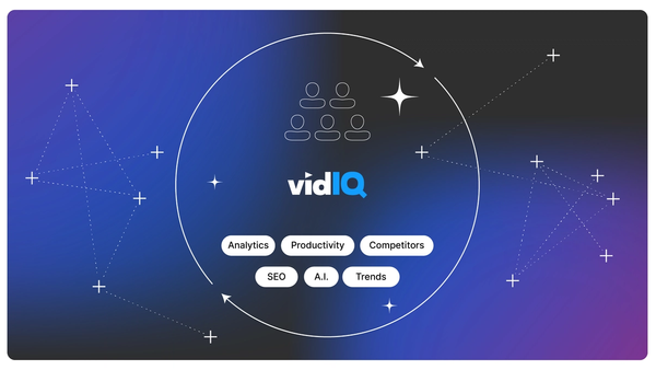 vidIQ logo with SEO, analytics, productivity, competitors, AI, and trends on blue background