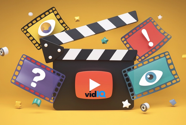 Clapperboard with YouTube play button and vidIQ logo surrounded by icons for video analysis.