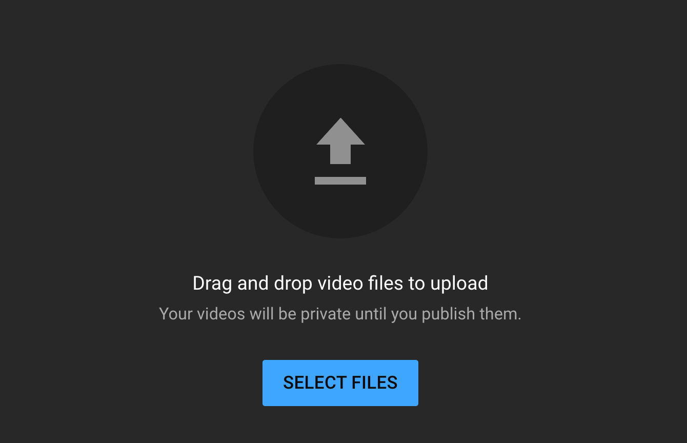 Upload interface with drag and drop option and blue select files button for videos