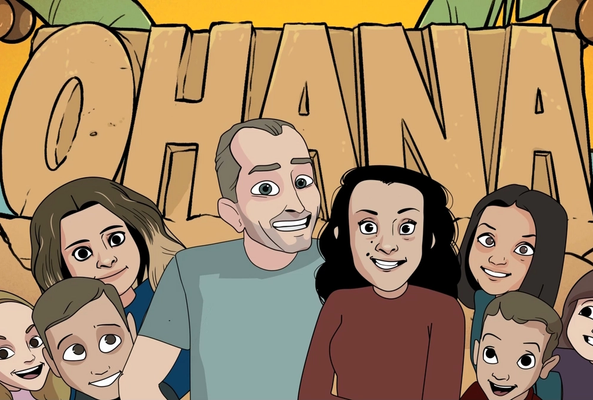 Cartoon family smiling in front of large "OHANA" letters representing family unity concept